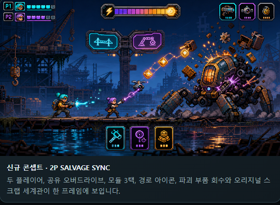 신규 콘셉트 2P SALVAGE SYNC — 두 플레이어가 거대 스크랩 보스를 공략하는 홍보 이미지